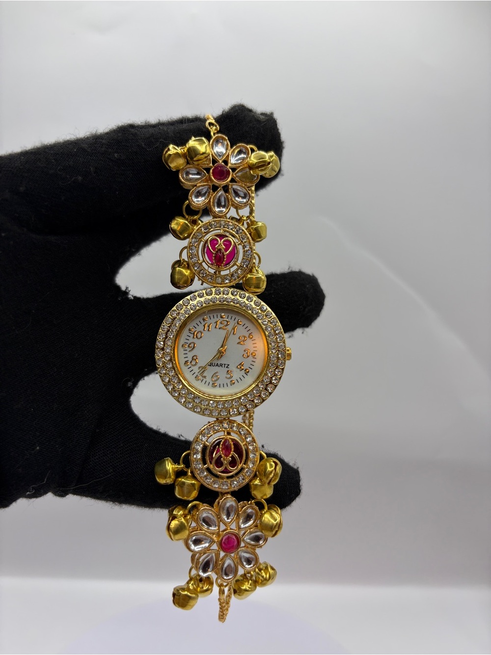 Gold-Tone Kundan Floral Crystal Bracelet Quartz Watch With Ghungroo - Red Accent